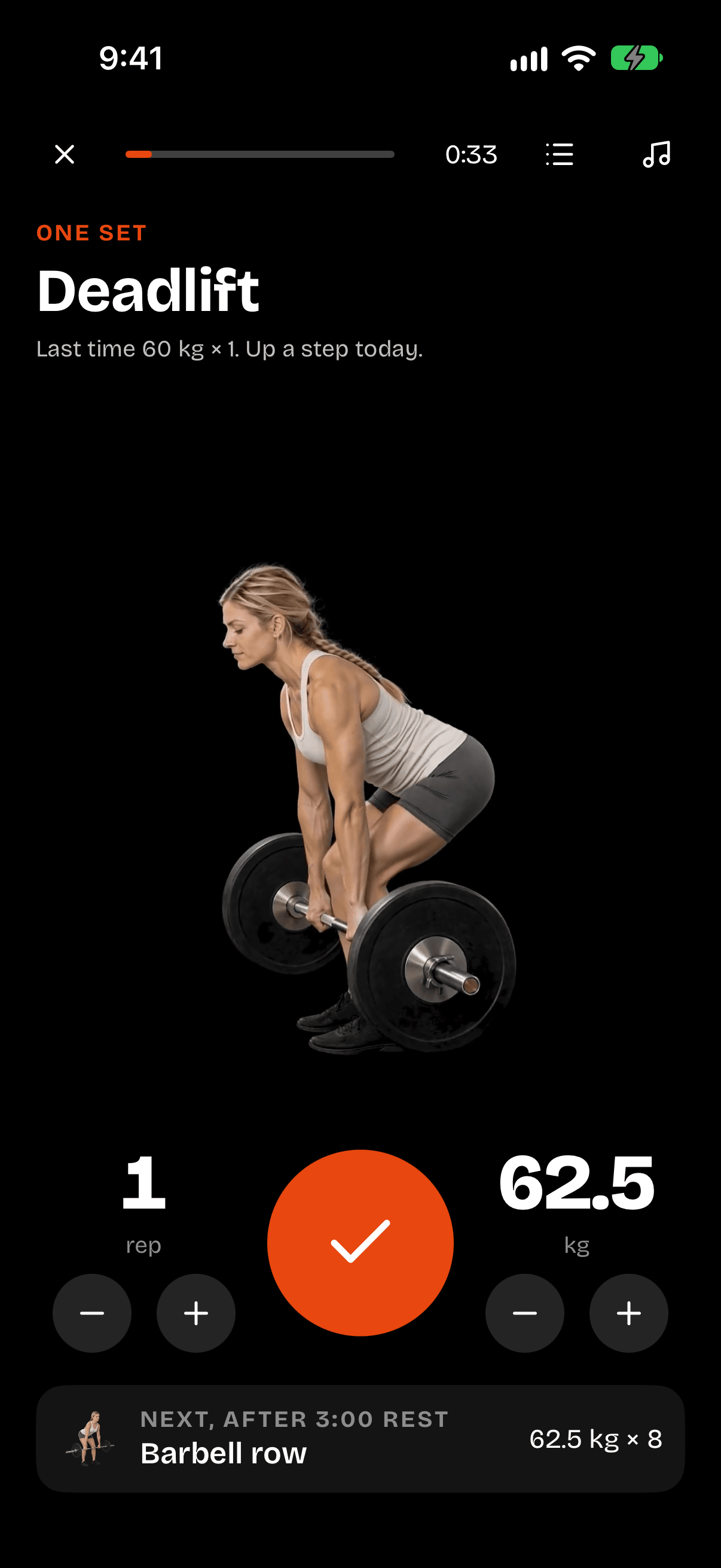 Tilde mid-session: deadlift, one rep at 62.5 kg. Last time 60 kg × 1. Up a step today.