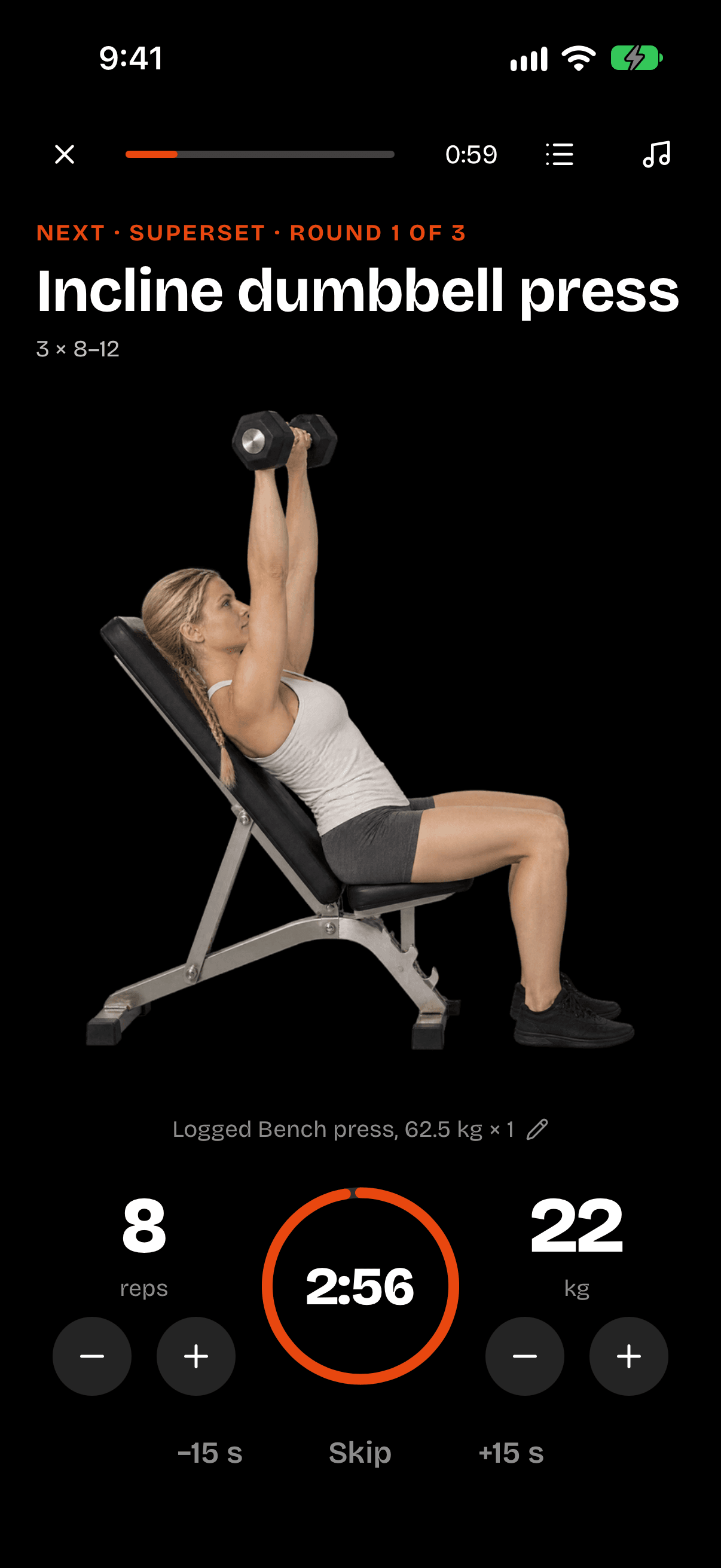 Resting between sets: a 2:56 timer, with the next set, incline dumbbell press, 8 reps at 22 kg