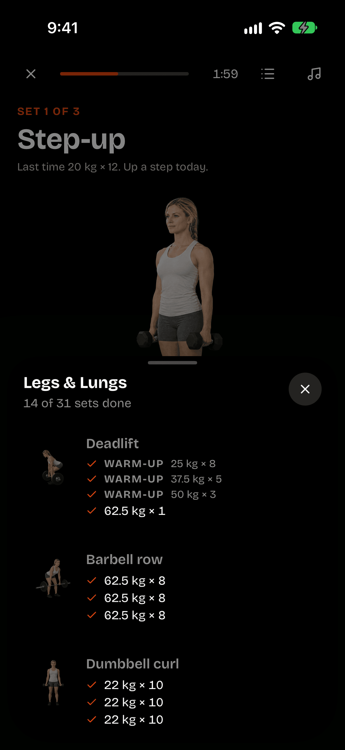 The session overview for Legs & Lungs, 14 of 31 sets done, with each logged set checked off